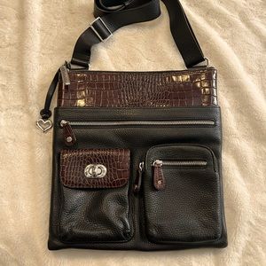Brighton Shoulder Envelope Style Bag, black leather with embossed brown accents